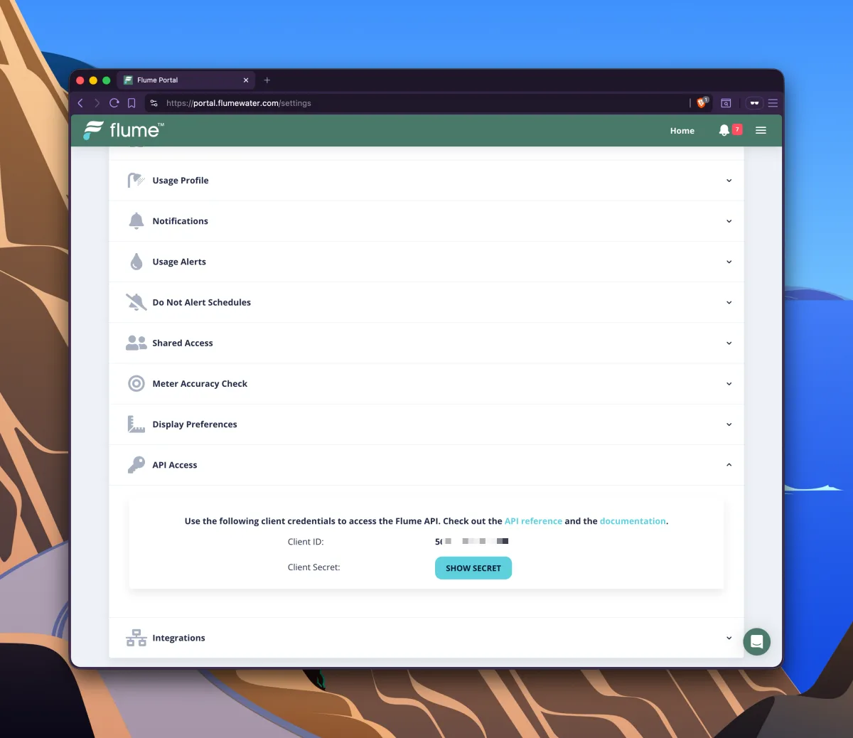 Flume API Access section showing the Client ID and a Show Secret button